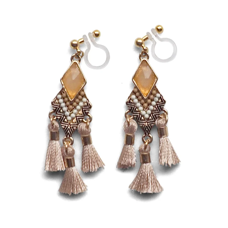 cute earrings for women -Dangle gold ethnic beige rhinestone and tassel invisible clip on earrings