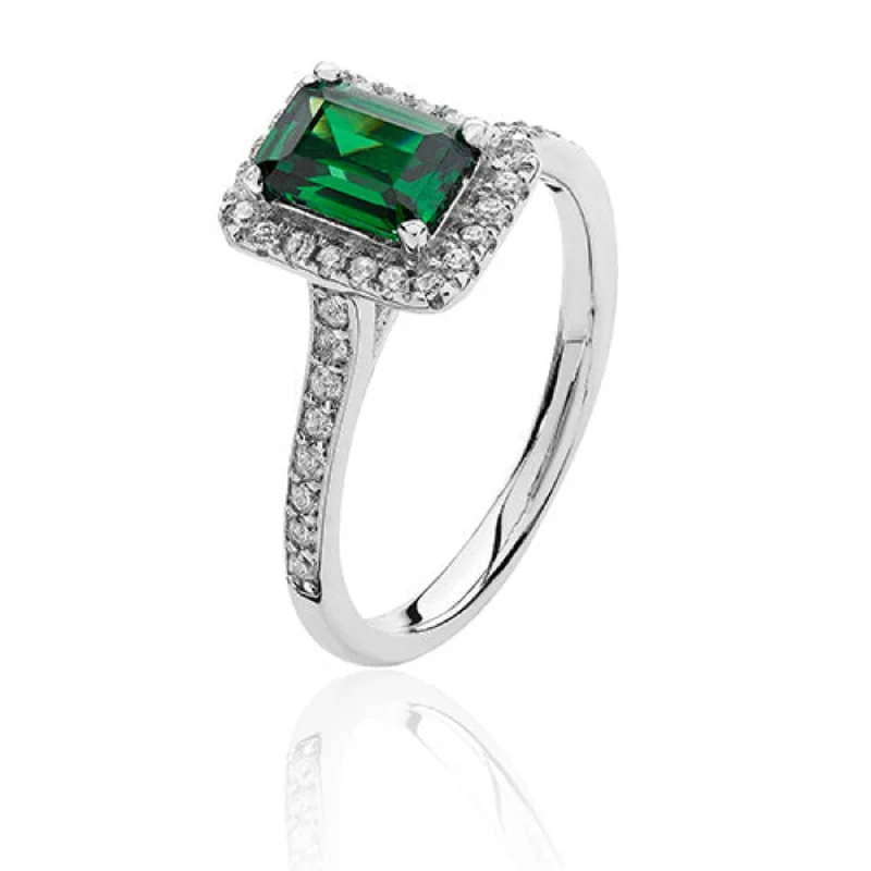 wedding rings for women -Halo Style Emerald Green Ring - Silver Rhodium