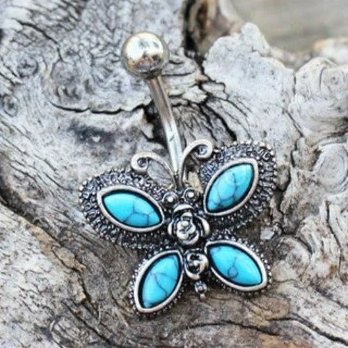 luxury rings for brides -316L Stainless Steel Antique Turquoise Butterfly Navel Ring