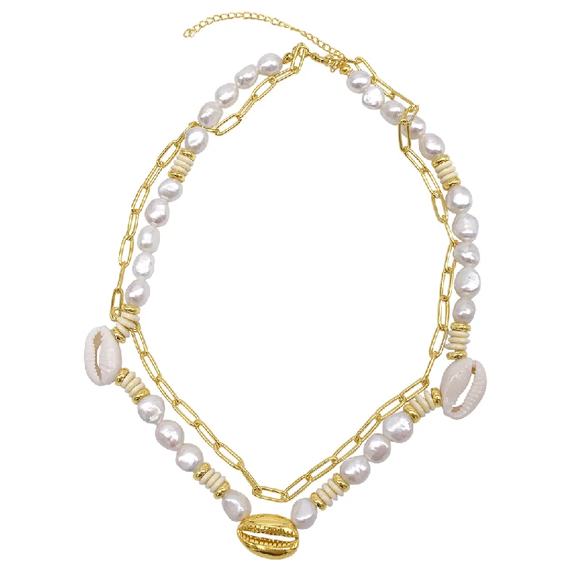 dainty gold necklaces for women -14k Gold Plated Pearl and Shell with Paper Clip Chain Double Necklace