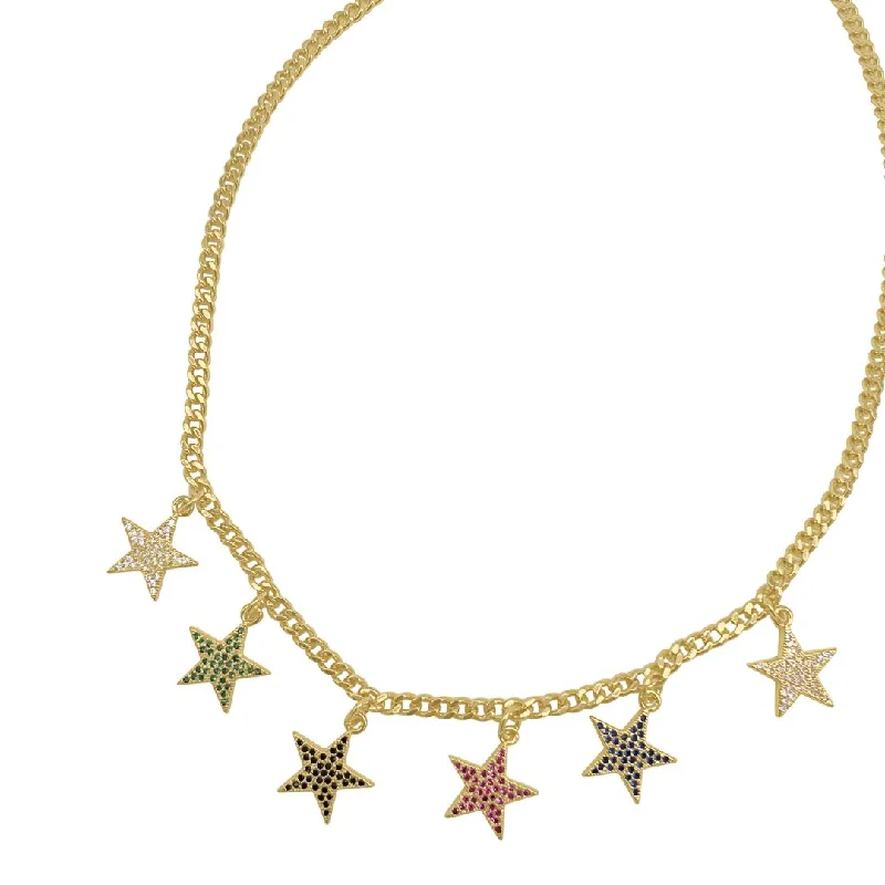 fashion gold necklaces for women -14k Gold Plated Multi Color Pave Star Curb Chain Dangle Necklace