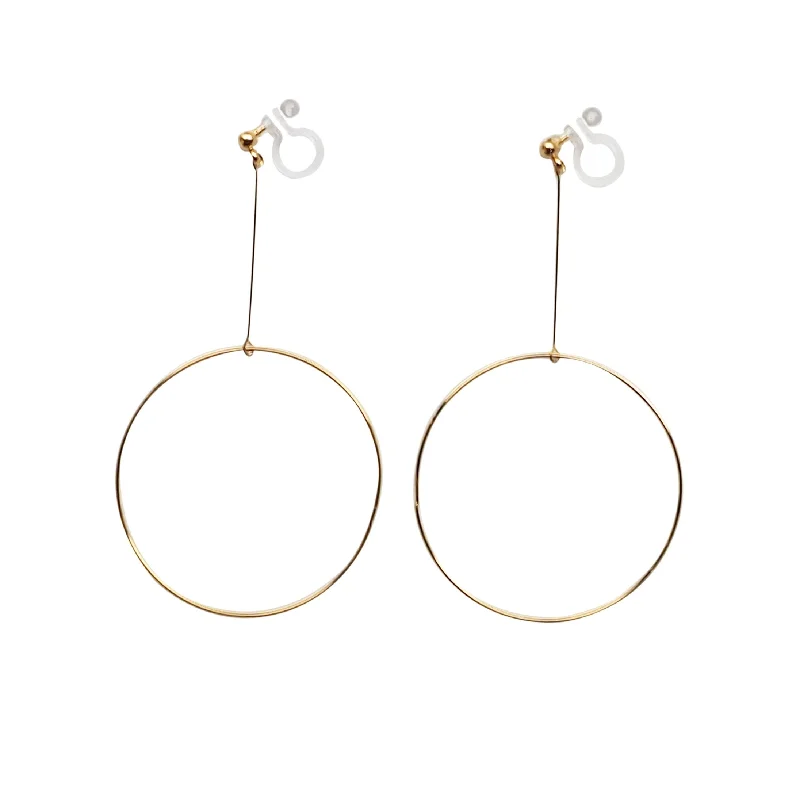 sapphire earrings for women -Dangle Gold Circle Hoop Invisible Clip On Earrings