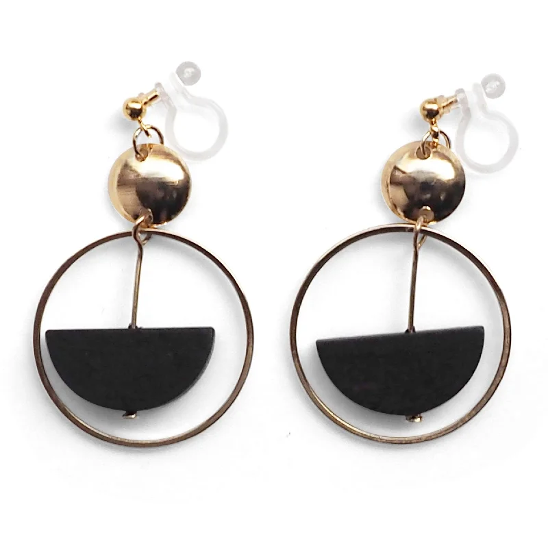 rhinestone earrings for women -Black Half Disk and Hoop Invisible Clip On Earrings