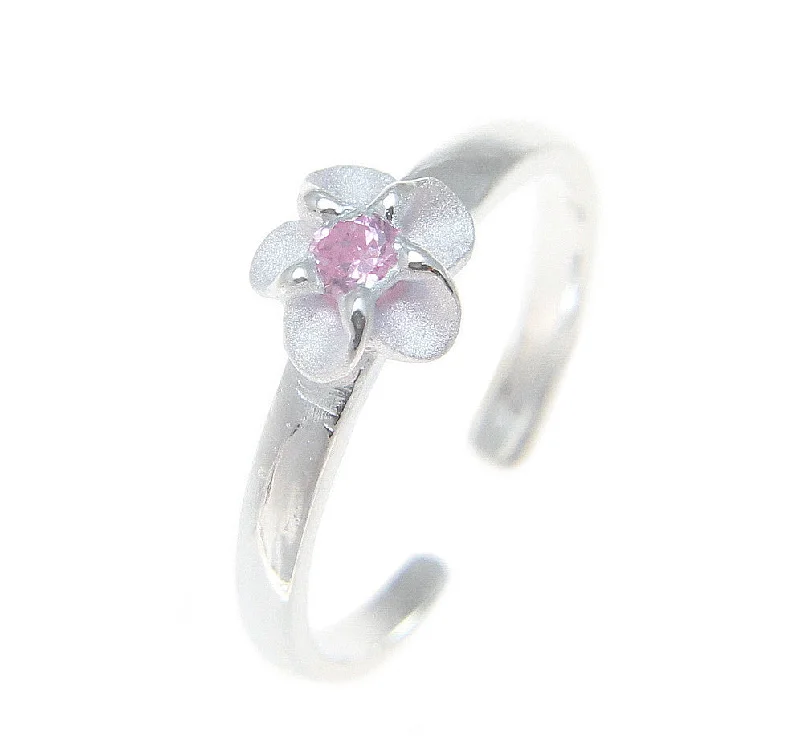 diamond rings for women -925 Sterling Silver Hawaiian Single Plumeria Flower Pink CZ Open Toe Ring