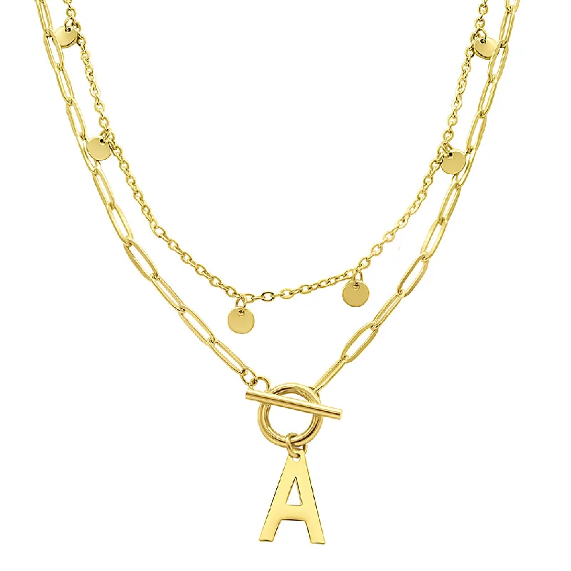 rose gold necklaces for women -Tarnish Resistant 14k Gold Plated Confetti And Paperclip Layered Initial Toggle Necklace