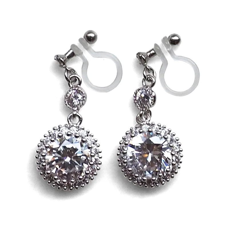 bridal hoop earrings for women -Round cubic zirconia invisible clip on earrings ( Silver tone )