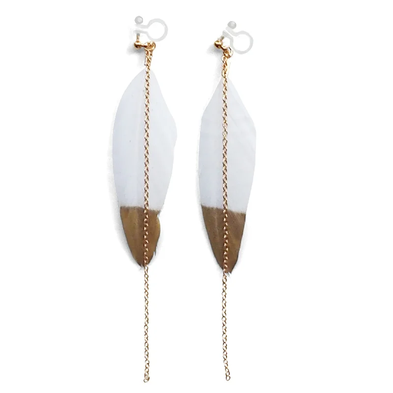 bold stud earrings for women -Gold painted white feather invisible clip on earrings