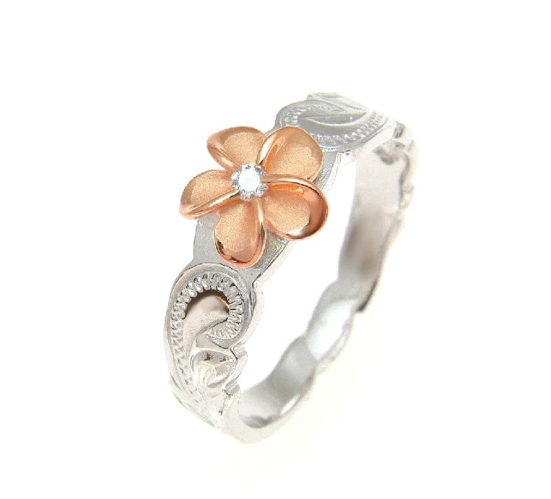 trendy rings for women -925 Silver Rhodium Hawaiian Scroll Pink Rose Gold CZ Plumeria Flower Ring #1-10