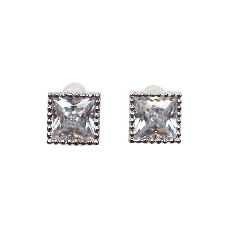 evening earrings for women -Square Cubic Zirconia Crystal Invisible Clip On Stud Earrings ( Silver tone )