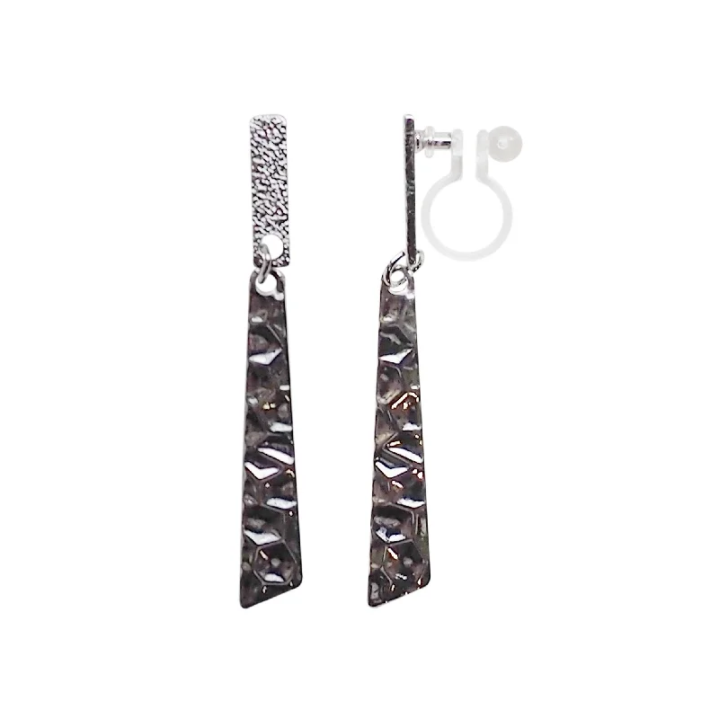 evening earrings for women -Dangle Hammered Triange Invisible clip on earrings ( Silver tone )