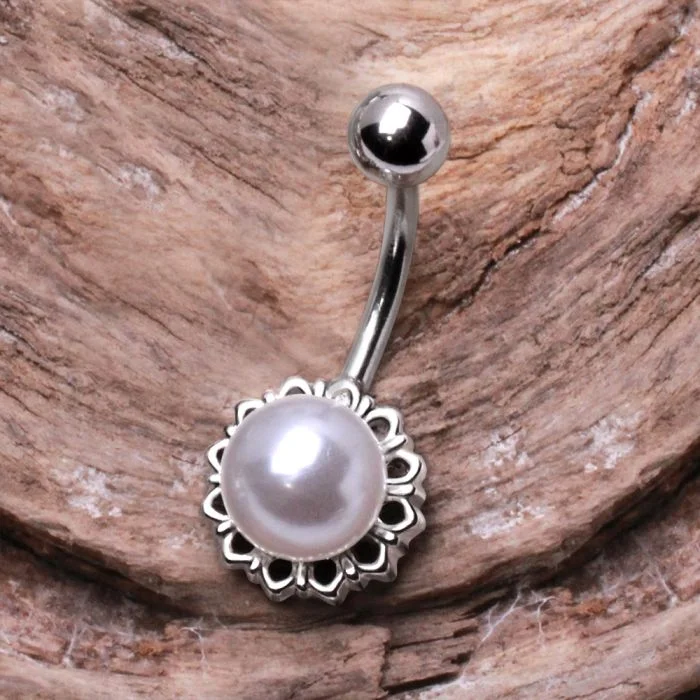 cocktail rings for women -316L Stainless Steel White Faux Pearl Navel Ring