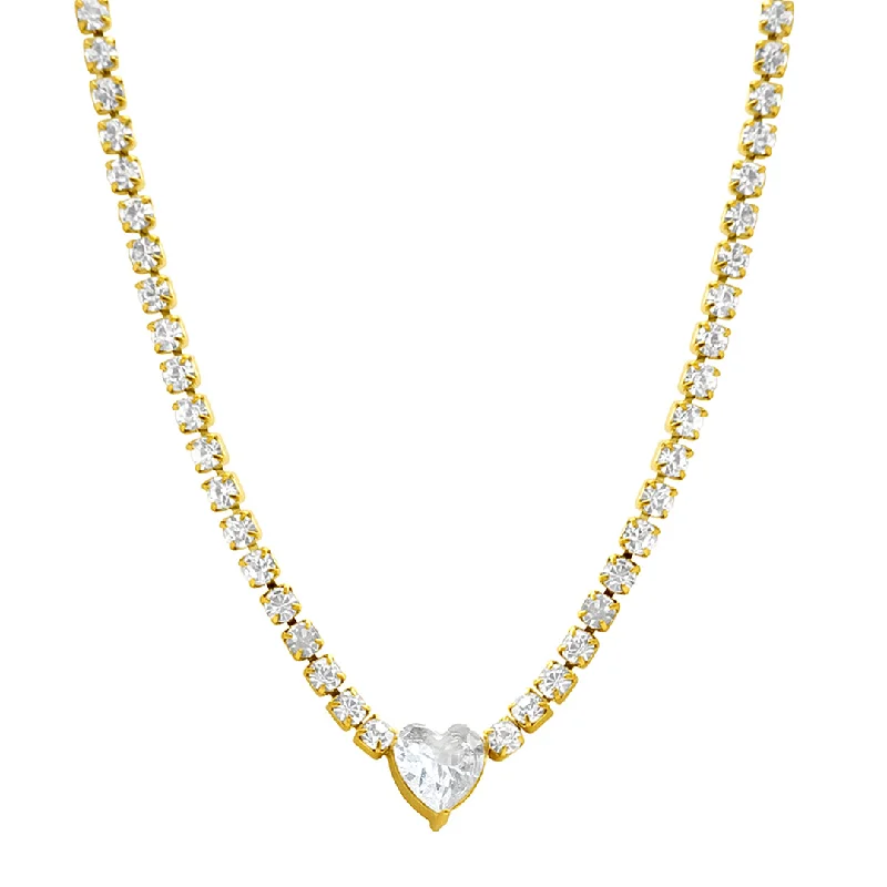 fashionable necklaces for women -Water Resistant Crystal Heart Tennis Chain Necklace gold