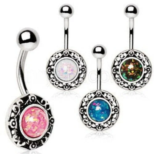 rose gold rings for women -316L Stainless Steel Antique Navel Ring with Adorned Synthetic Opal