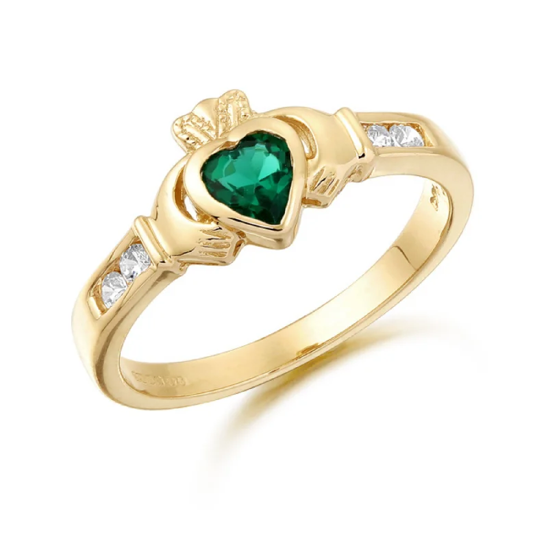 anniversary rings for women -May Birthstone Claddagh Ring - 9ct Yellow Gold