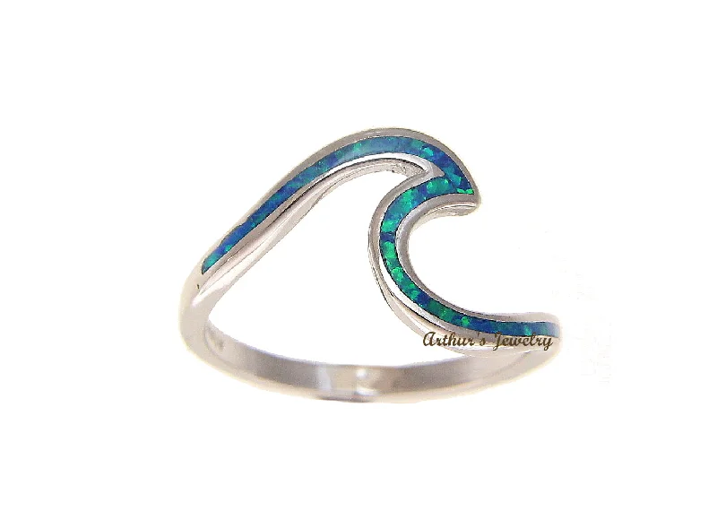 eternity rings for women -925 Sterling Silver Hawaiian Ocean Wave Shape Blue Opal Ring Size 5-10