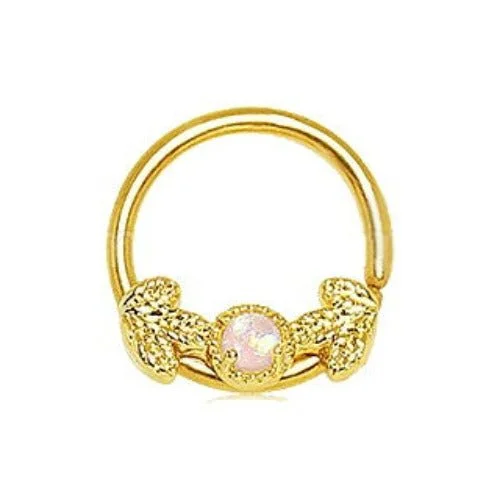 men’s style rings for women -Gold Golden Leaf and Opal Seamless Ring / Septum Ring