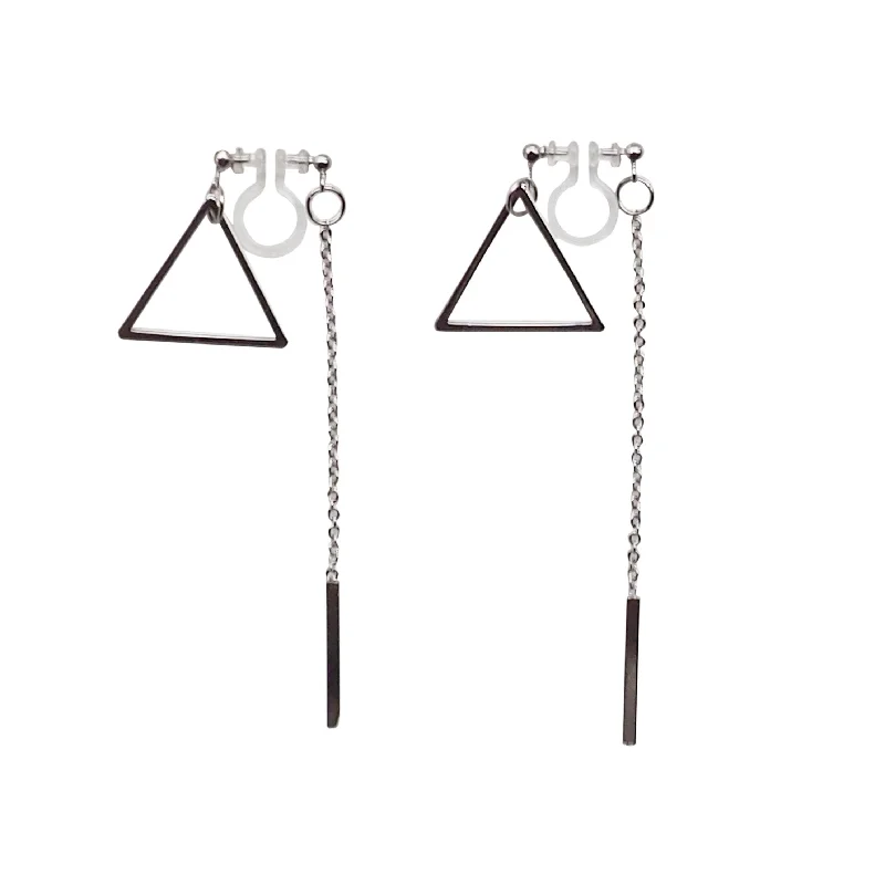 elegant gemstone earrings -Silver Double-Sided Triangle and Bar Invisible Clip On Earrings