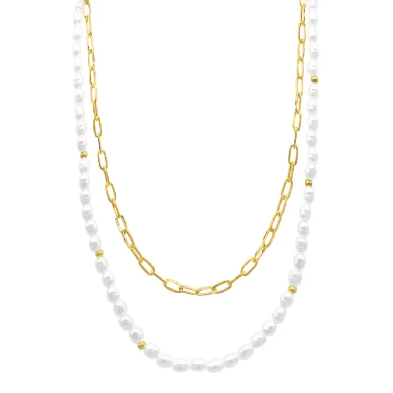 classic pearl necklaces for women -14k Gold Plated Pearl and Paperclip Adjustable Chain