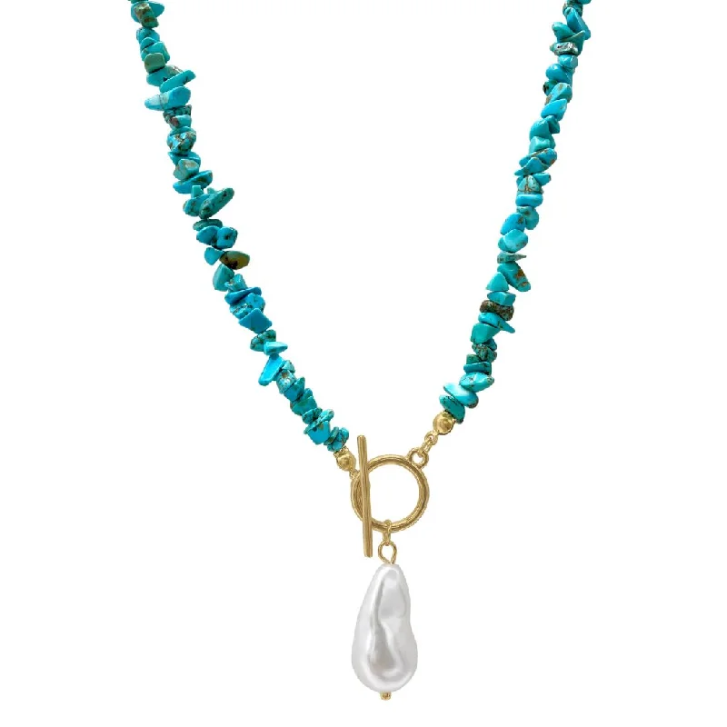 pearl drop necklaces for women -Multi Shape Turquoise Stone Toggle Necklace gold with Pearl Pendant