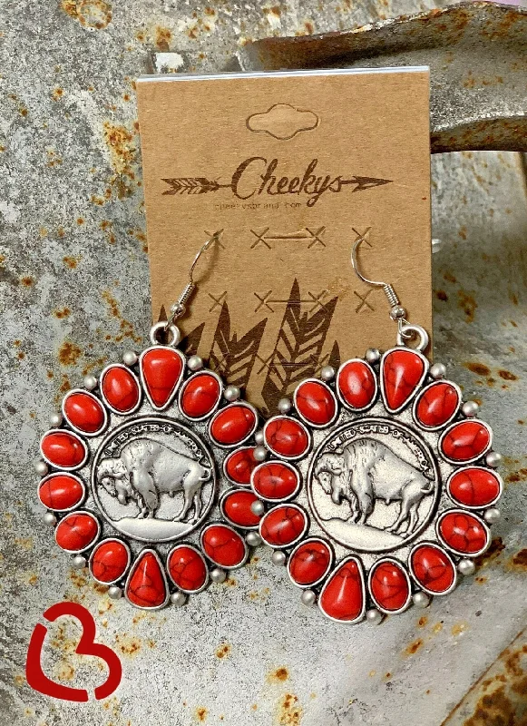 casual earrings for women -The Shyann Buffalo Nickel Earrings in Red