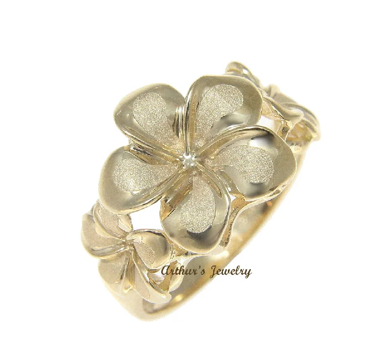 luxury promise rings -SOLID 14K YELLOW GOLD 8.5MM-13MM-8.5MM HAWAIIAN PLUMERIA FLOWER RING