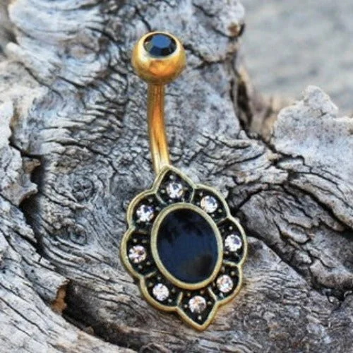 vintage gold rings -Gold Plated Elegant Black Floral Navel Ring