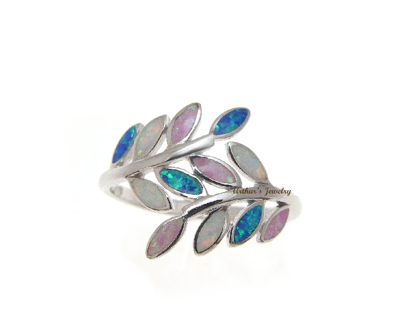 vintage rings for women -BLUE WHITE PINK TRICOLOR INLAY OPAL RING HAWAIIAN MAILE LEAF 925 STERLING SILVER