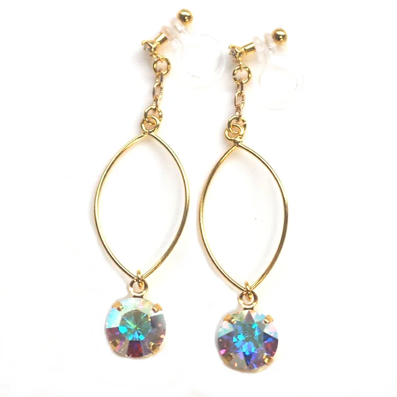 statement earrings for women -Aurora Borealis Swarovski Crystal and Hoop Invisible Clip On Earrings (Gold tone)