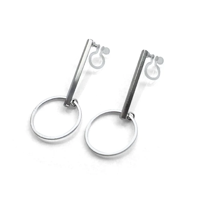 custom earrings for women -Silver Bar and Circle Invisible Clip On Stud Earrings