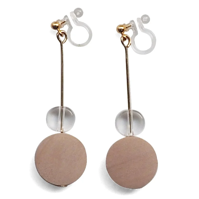 elegant earrings for women -Beige Wood and Clear Disk Invisible Clip On Earrings