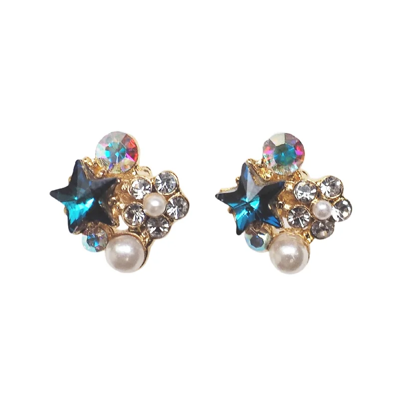 bold stud earrings for women -Star Swarovski Crystal Rhinestone & White Pearl Invisible Clip on Stud Earrings ( Bermuda Blue )