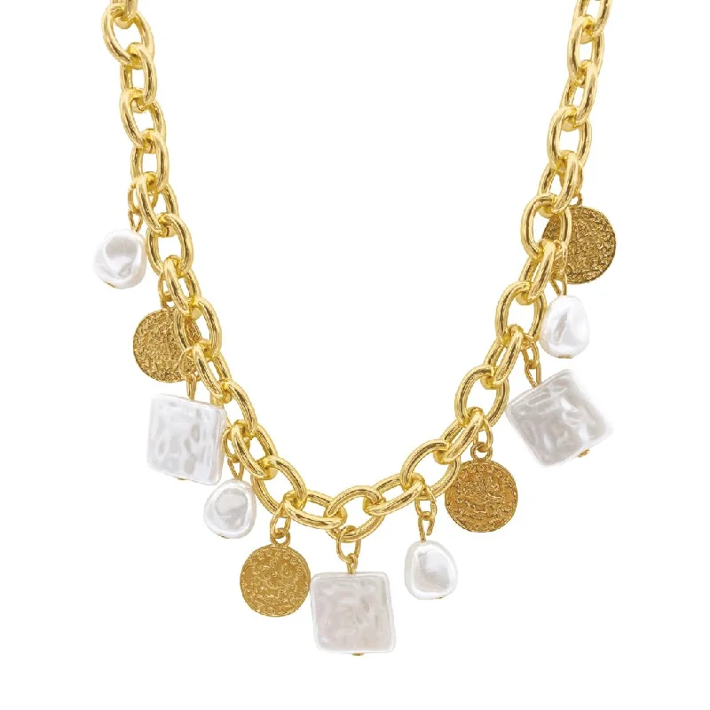 romantic necklaces for women -14k Gold Plated Oval Link Chain with Hammered Coin and Multishape Pearl Charms Necklace