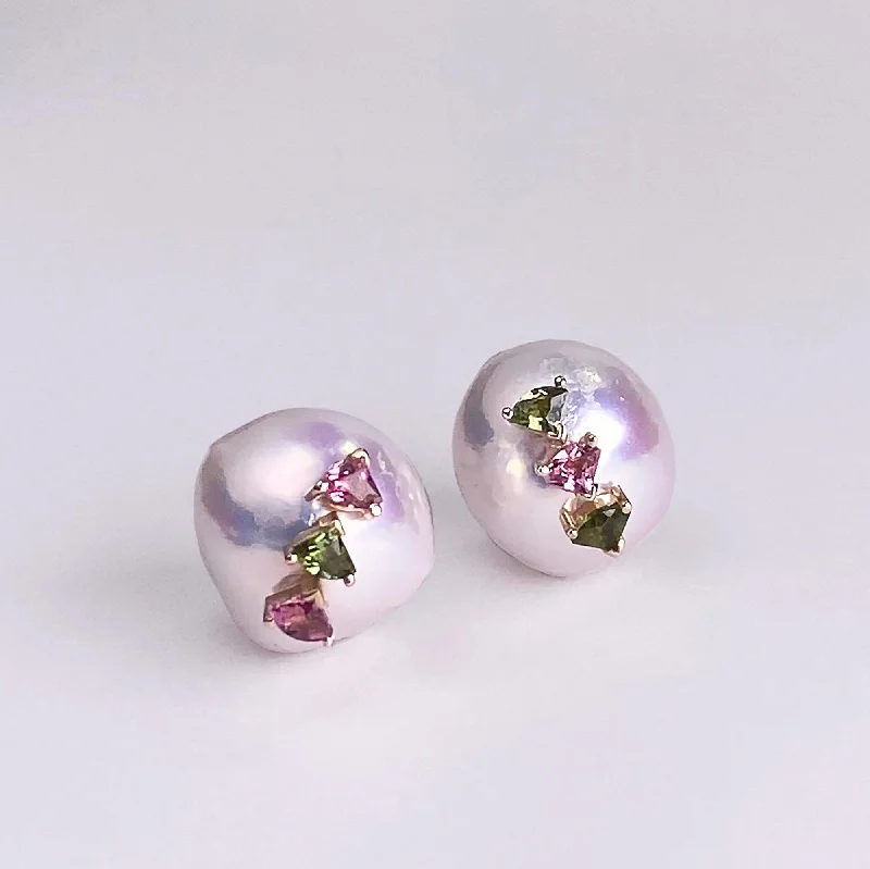 luxurious pearl drop earrings -ANSWER B. by Bianca Chong- Pearl Trilogy Earrings (Green & Pink Tourmaline)