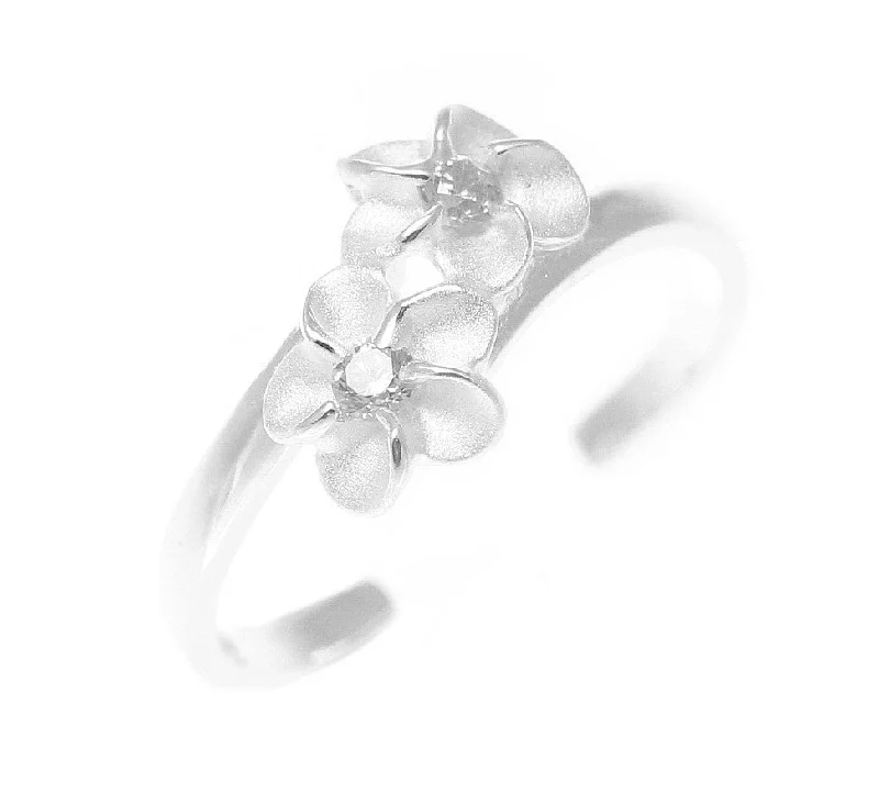 gemstone rings for women -925 Sterling Silver Hawaiian Double Plumeria Flower White CZ Open Toe Ring