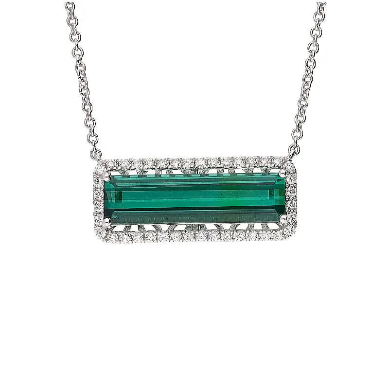 birthday gift necklaces for women -18K White Gold Emerald Cut Green Tourmaline & Diamond 16" Necklace