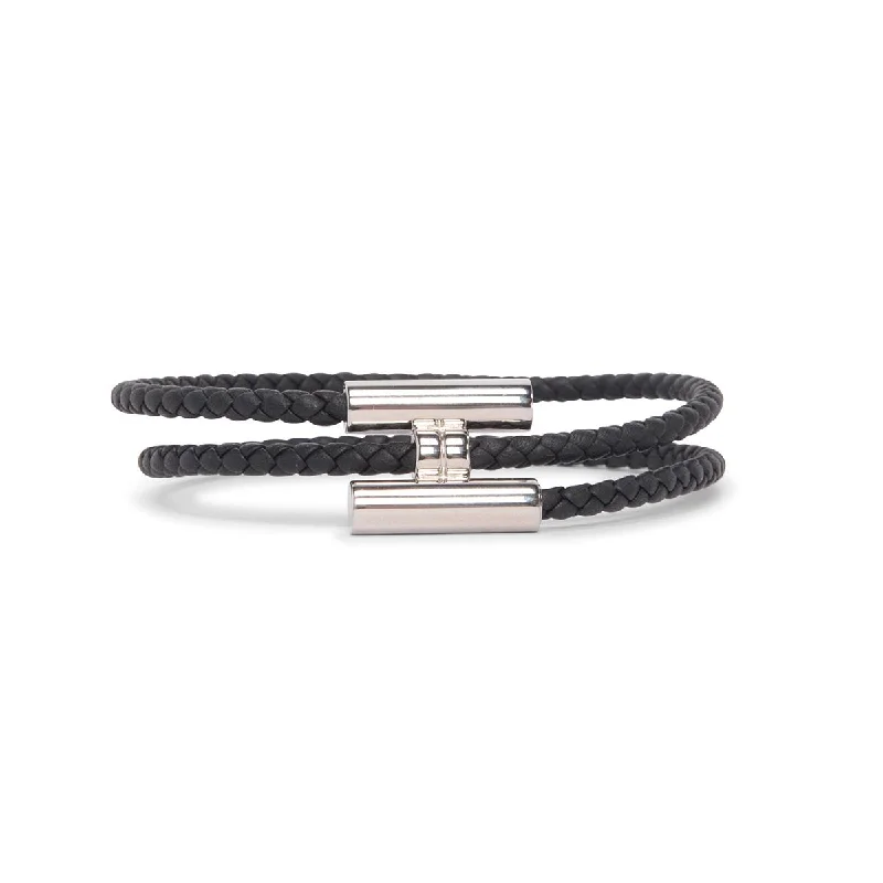 gold bangles for women -Hermes Black Braided Leather Tournis Tresse Bracelet