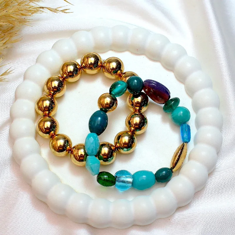 tennis bracelets for women -TFC Turquoise Mix & Gold Beads Stacked Bracelet (Set of 2)