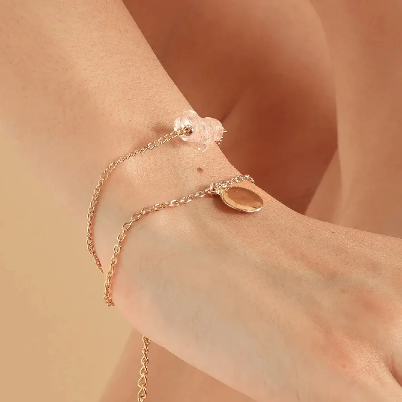 silver cuff bracelets -TFC Rose Quartz Stone Gold Plated Stacked Bracelet